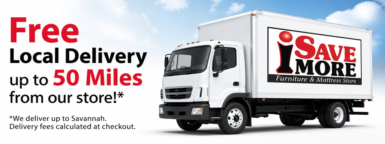 White delivery truck with 'iSaveMore' logo on a blue sky background, promoting free local delivery.