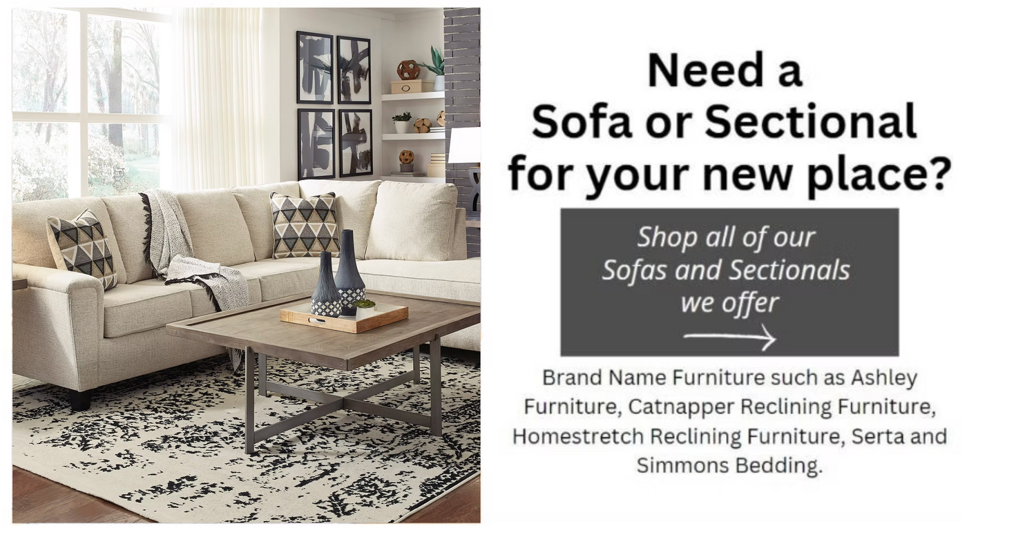 Promotional furniture listing graphic with a beige sectional sofa in a styled living room on the left, large text on the right asking for a sofa or sectional, a gray promo box, smaller furniture brand text, and a red banner at the bottom about free delivery and in-store pickup.