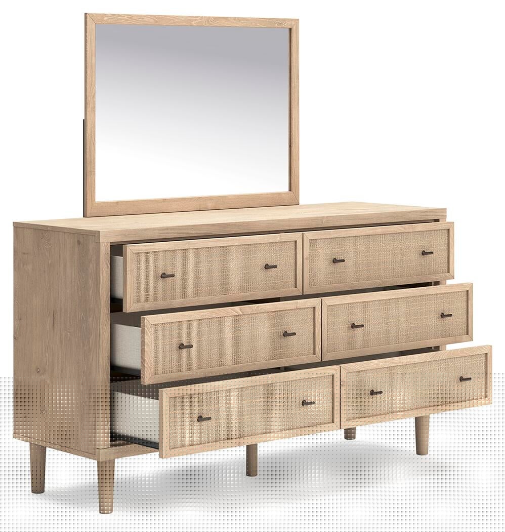 Cielden Full Upholstered Bed with Roll Slats, Dresser, Mirror and Nightstand